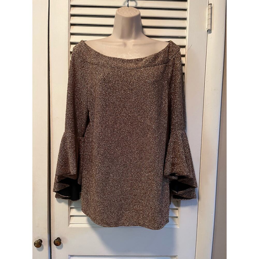 Prelude‎ Women's Long Sleeve Sequined Blouse bronze black L  Flouncy Sleeve